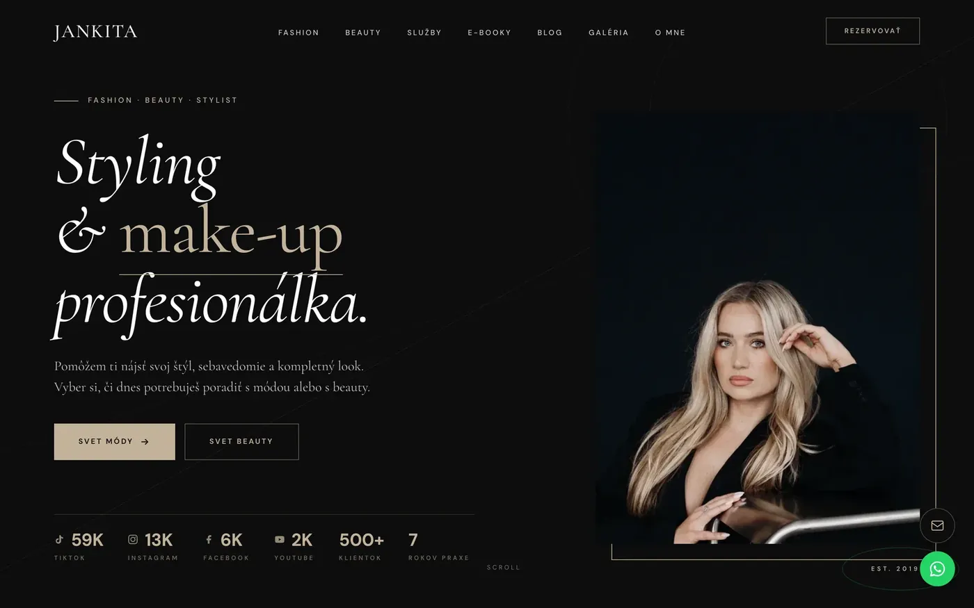 Úvodná obrazovka webu Jankita: čierne pozadie, serifový nadpis Styling a make-up profesionálka a portrét stylistky