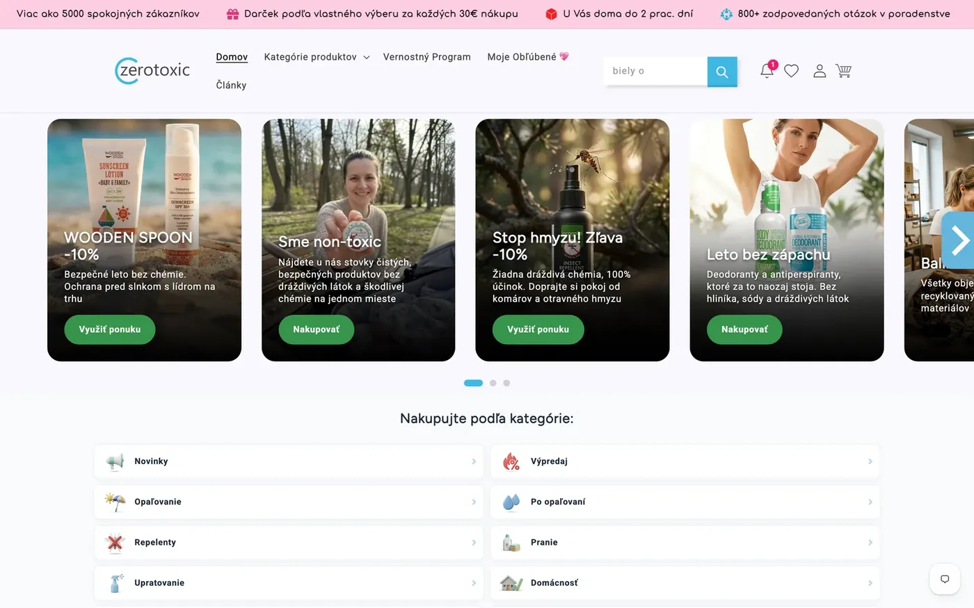 Úvodná obrazovka e-shopu Zerotoxic: kategórie netoxickej drogérie a kozmetiky s promo bannermi
